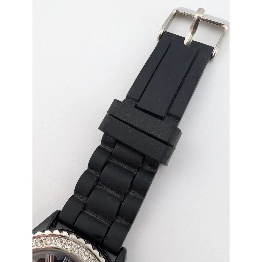 Geneva Women's Watch 38mm Case Rhinestone Bezel Black Silicone Band- New Battery